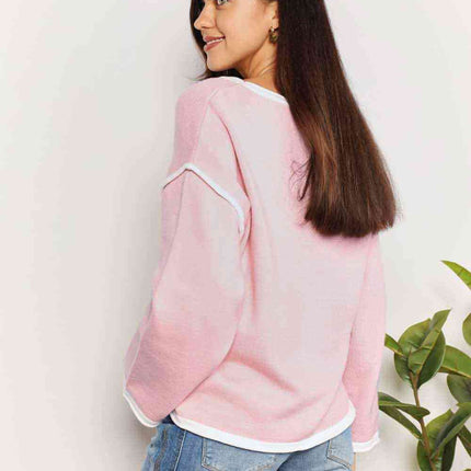 Double Take Contrast Detail Dropped Shoulder Knit Top - Vickie Lynn's