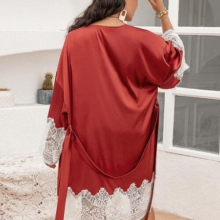 Plus Size Lace Patchwork Tie Front Robe - Vickie Lynn's