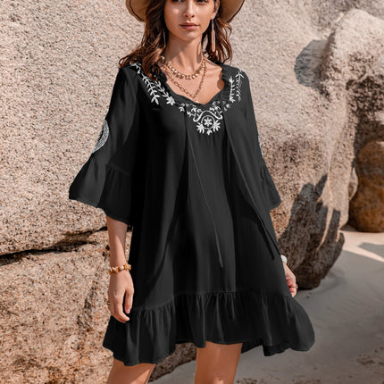 Printed Tie Neck Flounce Sleeve Mini Dress