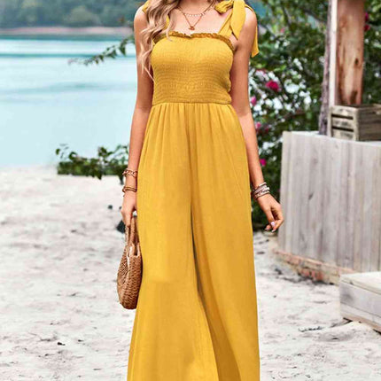 Frill Trim Tie Shoulder Wide Leg Jumpsuit with Pockets