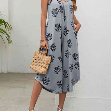 Botanical Print Spaghetti Strap Scoop Neck Jumpsuit