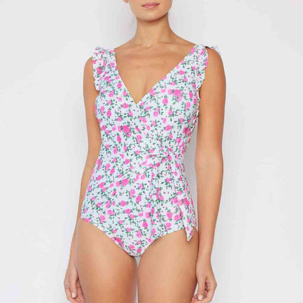 Marina West Swim Full Size Float On Ruffle Faux Wrap One-Piece in Roses Off-White