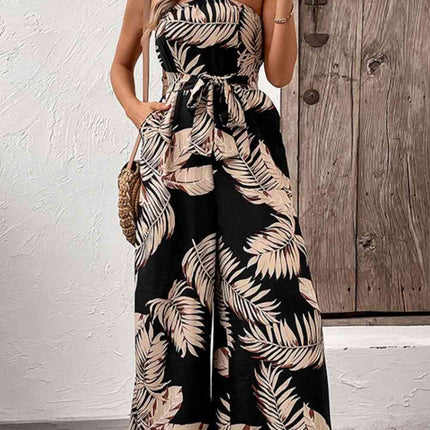 Printed Strapless Wide Leg Jumpsuit with Pockets - Vickie Lynn's