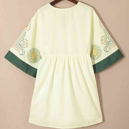 Printed V-Neck Kimono Sleeve Dress