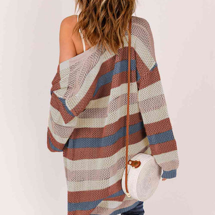 Full Size Striped Long Sleeve Openwork Cardigan