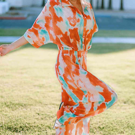 Tie-Dye Collared Wide Leg Jumpsuit