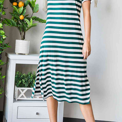 Striped V-Neck Short Sleeve Side Slit Dress