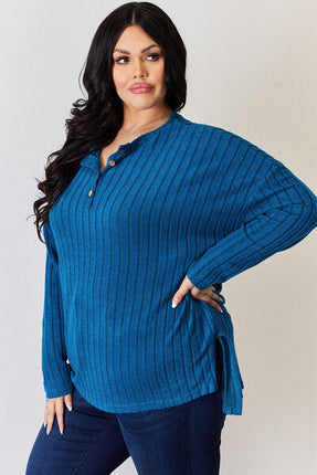 Basic Bae Full Size Ribbed Half Button Long Sleeve High-Low T-Shirt - Vickie Lynn's