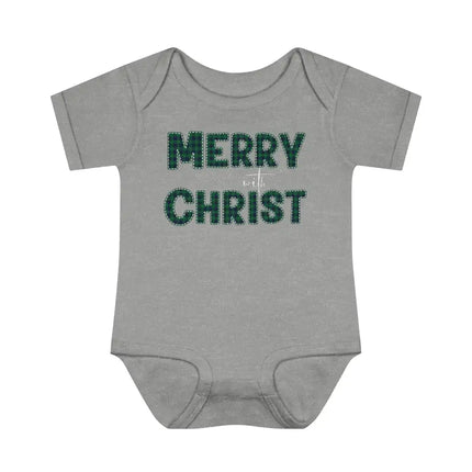 Short Sleeve Baby Onesie for Infants and Toddlers, Merry With Christ, Green Plaid Christmas Holiday Pattern Print