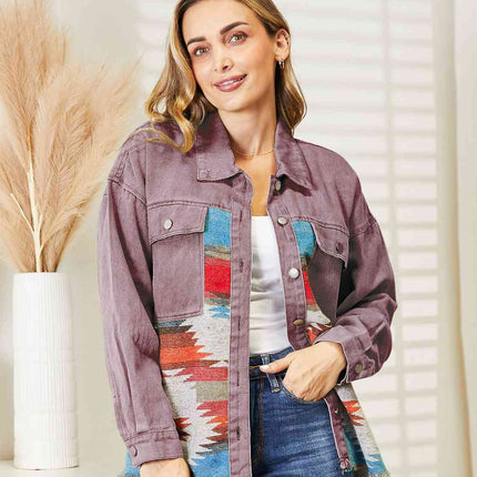 Dropped Shoulder Long Sleeve Printed Denim Jacket