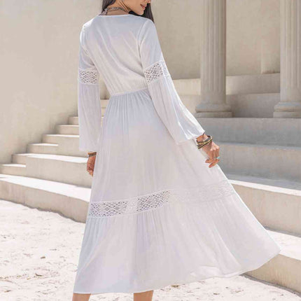 Tie Neck Long Sleeve Midi Tiered Dress