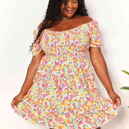 Double Take Smocked Sweetheart Neck Flounce Sleeve Mini Dress