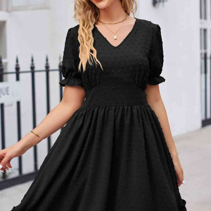 Swiss Dot Frill Trim Flounce Sleeve V-Neck Dress