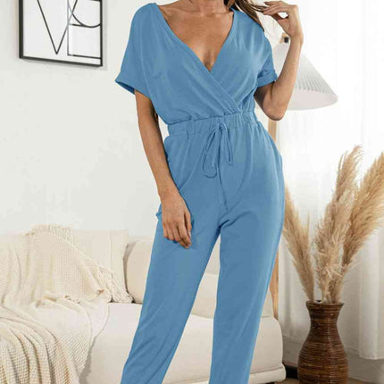 Surplice Neck Tied Short Sleeve Jumpsuit
