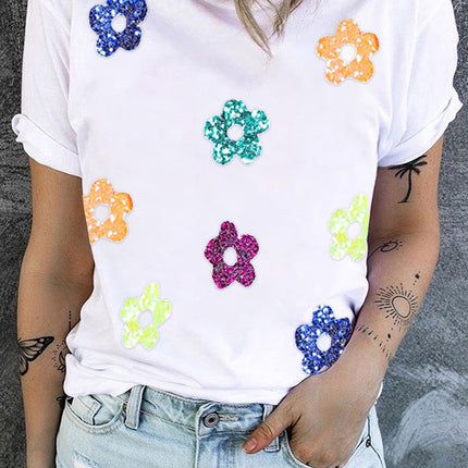 Sequin Flower Round Neck Short Sleeve T-Shirt