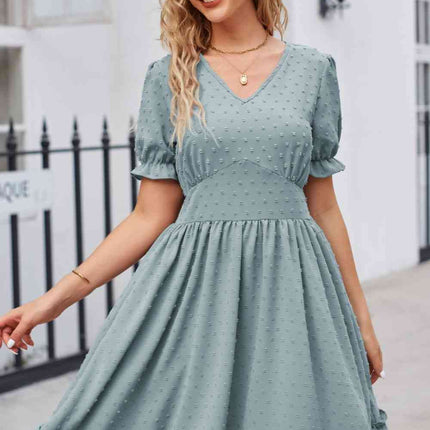 Swiss Dot Frill Trim Flounce Sleeve V-Neck Dress