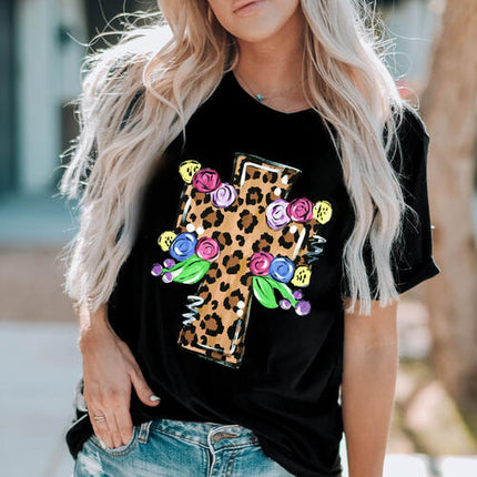 Leopard Cross Graphic Round Neck Short Sleeve T-Shirt