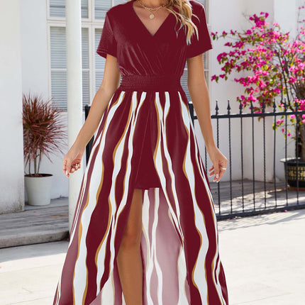 Smocked High-Low Printed Surplice Dress