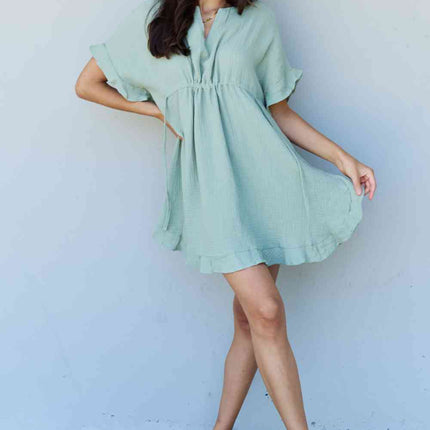 Ninexis Out Of Time Full Size Ruffle Hem Dress with Drawstring Waistband in Light Sage