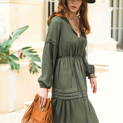 Tie Neck Long Sleeve Midi Tiered Dress