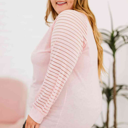 Plus Size Sheer Striped Sleeve V-Neck Top