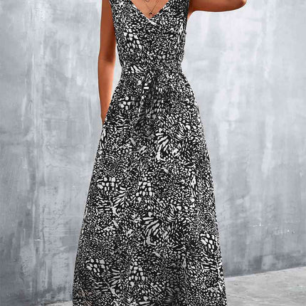Printed V-Neck Tie Waist Maxi Dress