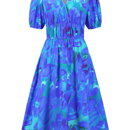 Ruched Printed Surplice Short Sleeve Dress