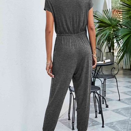 Drawstring Waist Short Sleeve Jogger Jumpsuit