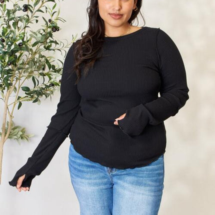 Culture Code Full Size Ribbed Round Neck Long Sleeve Top