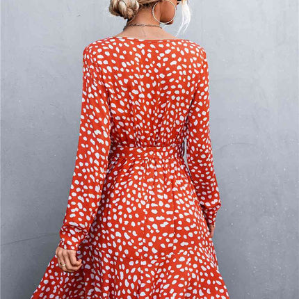 Printed V-Neck Tie Belt Ruffle Hem Mini Dress