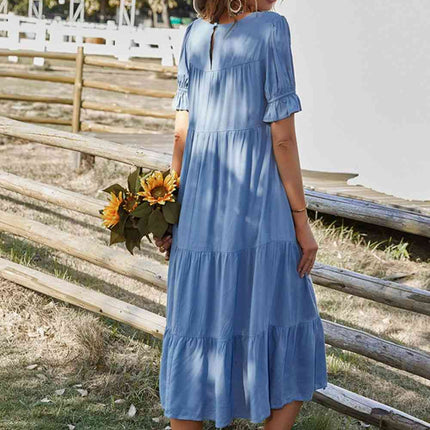 Short Flounce Sleeve Tiered Midi Dress