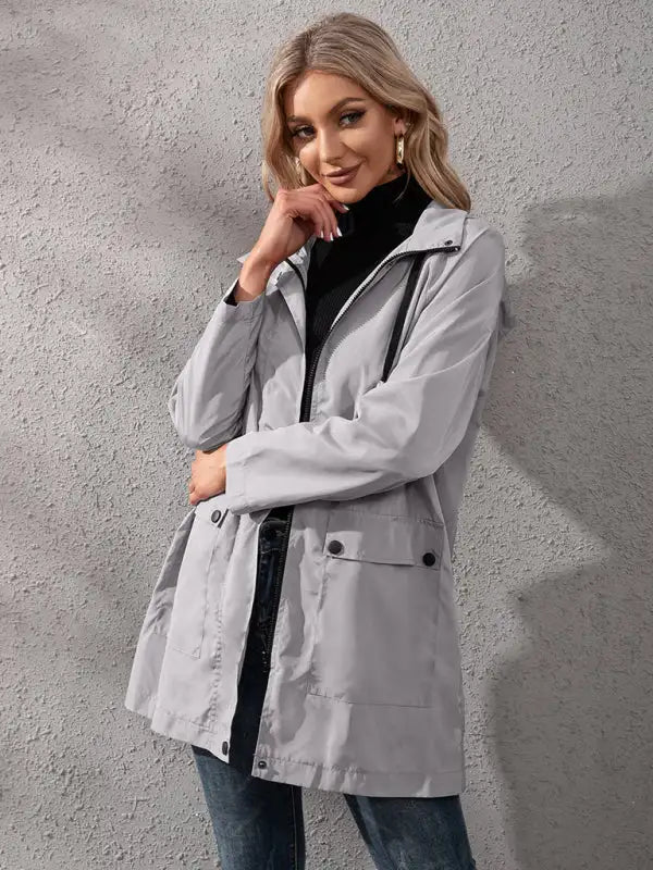 Waterproof Hooded Casual Mid-Length Windbreaker Jacket