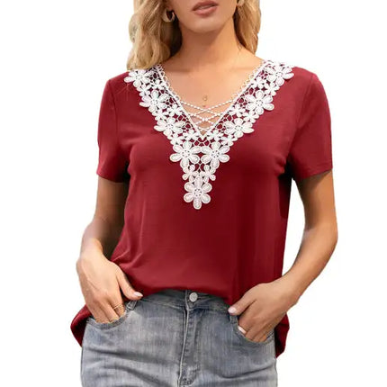 Women's Sexy Deep V Neck Cutout Lace Panel T-Shirt