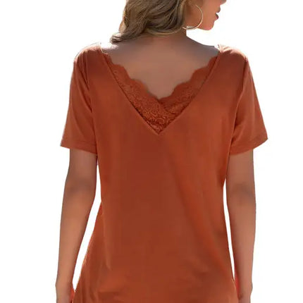 Women's Lace Stitching V-Neck Short Sleeve T-Shirt Open Back Small Sexy Top