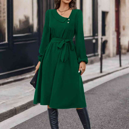 Buttoned Tie Front Long Sleeve Asymmetrical Neck Dress