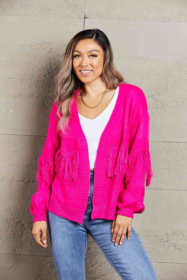 Double Take Fringe Trim Open Front Cardigan