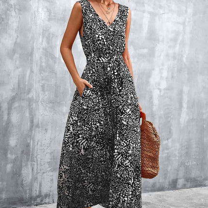 Printed V-Neck Tie Waist Maxi Dress