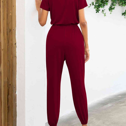Short Sleeve V-Neck Jumpsuit with Pockets
