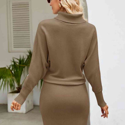 Turtle Neck Long Sleeve Ribbed Sweater Dress