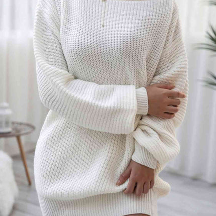 Rib-Knit Balloon Sleeve Boat Neck Sweater Dress