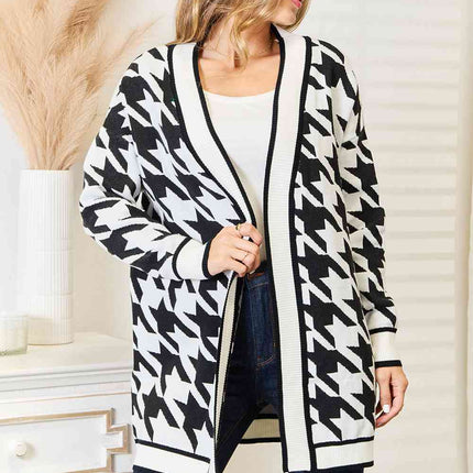 Woven Right Houndstooth Open Front Longline Cardigan - Vickie Lynn's