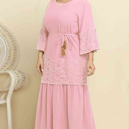 Plus Size Spliced Lace Tassel Belted Dress