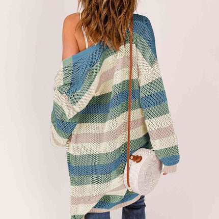 Full Size Striped Long Sleeve Openwork Cardigan