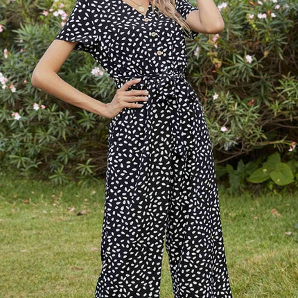Printed V-Neck Short Sleeve Jumpsuit