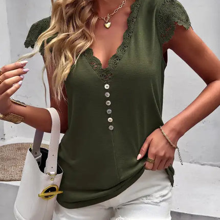 Blusa de manga casquillo con volantes y cuello en V de color liso para mujer 
