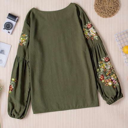 Embroidered Round Neck Balloon Sleeve T-Shirt