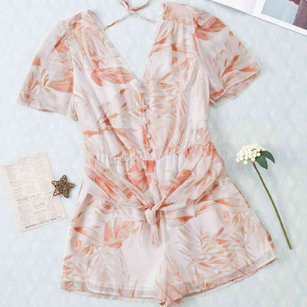 Printed Short Sleeve Tie Front Romper