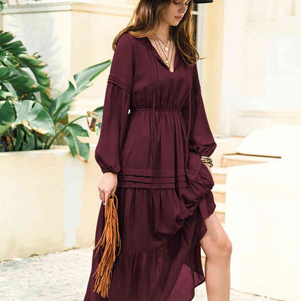 Tie Neck Long Sleeve Midi Tiered Dress