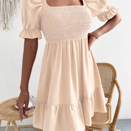 Smocked Square Neck Short Sleeve Dress