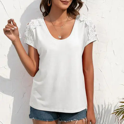 Women's Casual Lace Stitched V-Neck Pullover Short Sleeve Tops